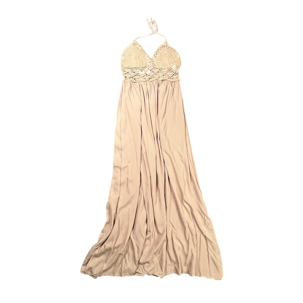 LILBETTER‎ Women's Medium Tan Crochet Top Halter Maxi Dress Boho Summer Festival